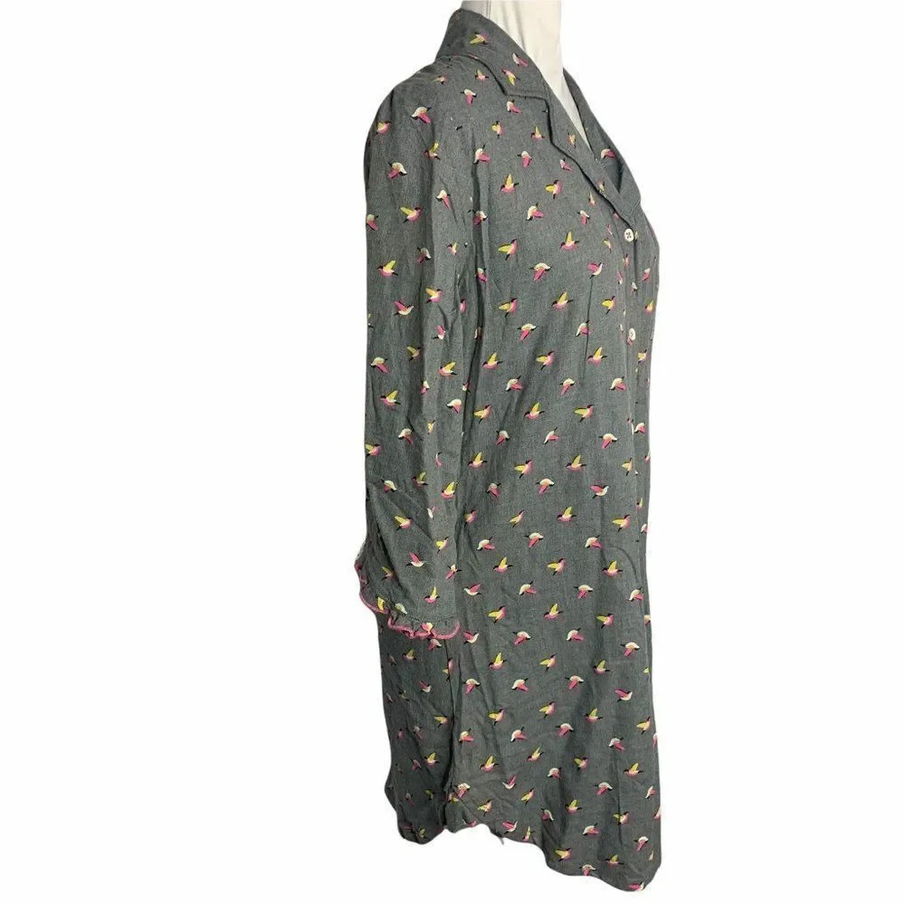 Olsenboyle Bird Print Sleep Shirt M Grey Button Front Pocket Long Sleeve Pajama